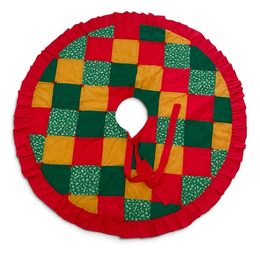 Vintage Handmade Patchwork Multicolor tree skirt with ruffle Red, Green, Gold